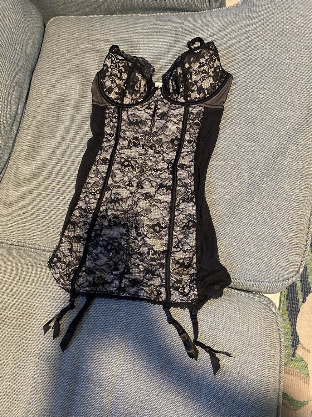NEW Victoria's Secret Black Lace Bustier Chemise with Garter Straps